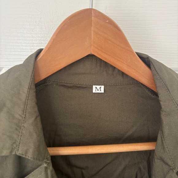 Olive Green Trench Style Smocked Mini Dress Long Sleeve Utility Fit and Flare M - Picture 4 of 4